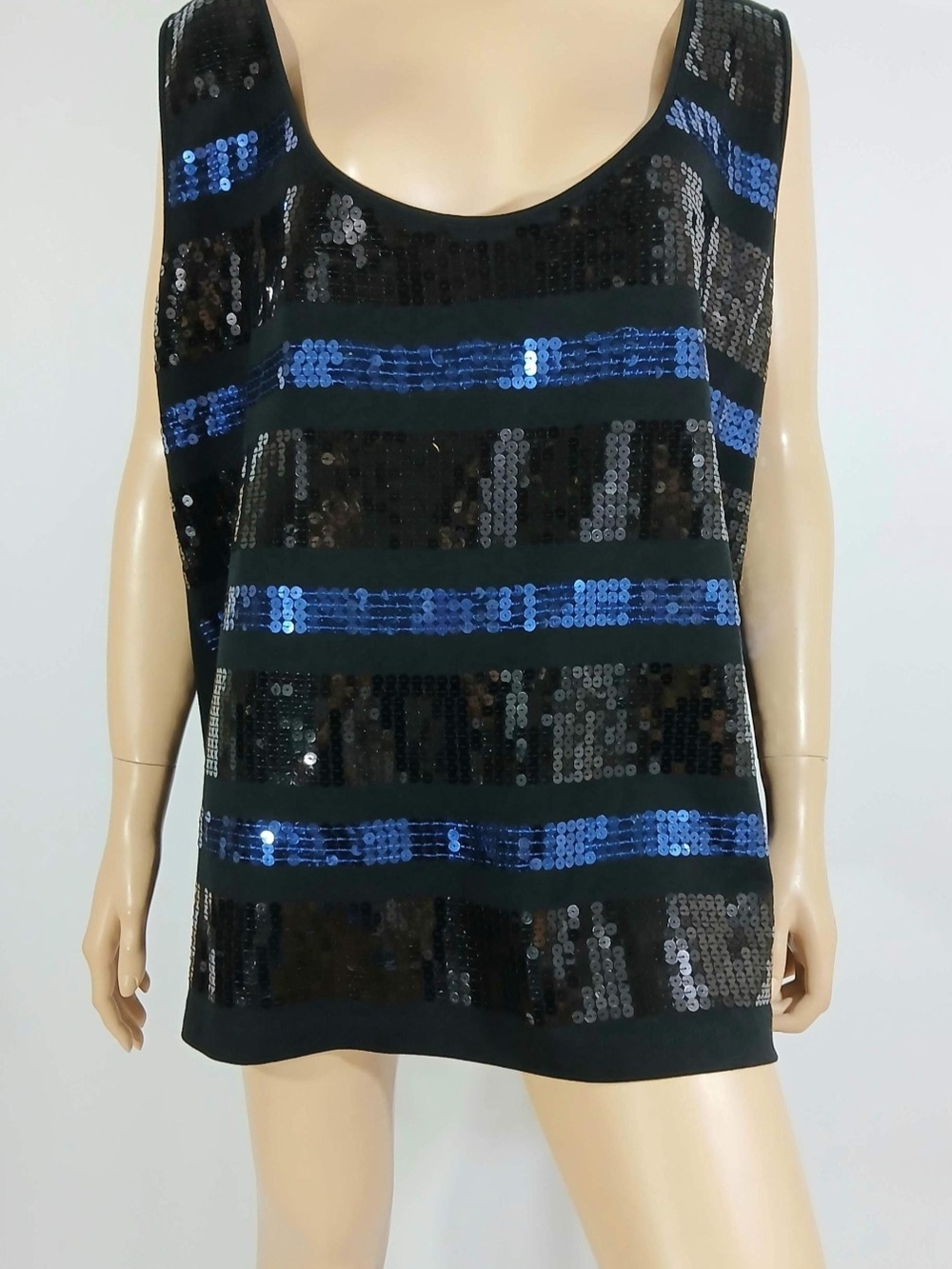 IMAN Black Tank Top with Blue Sequin Stripes